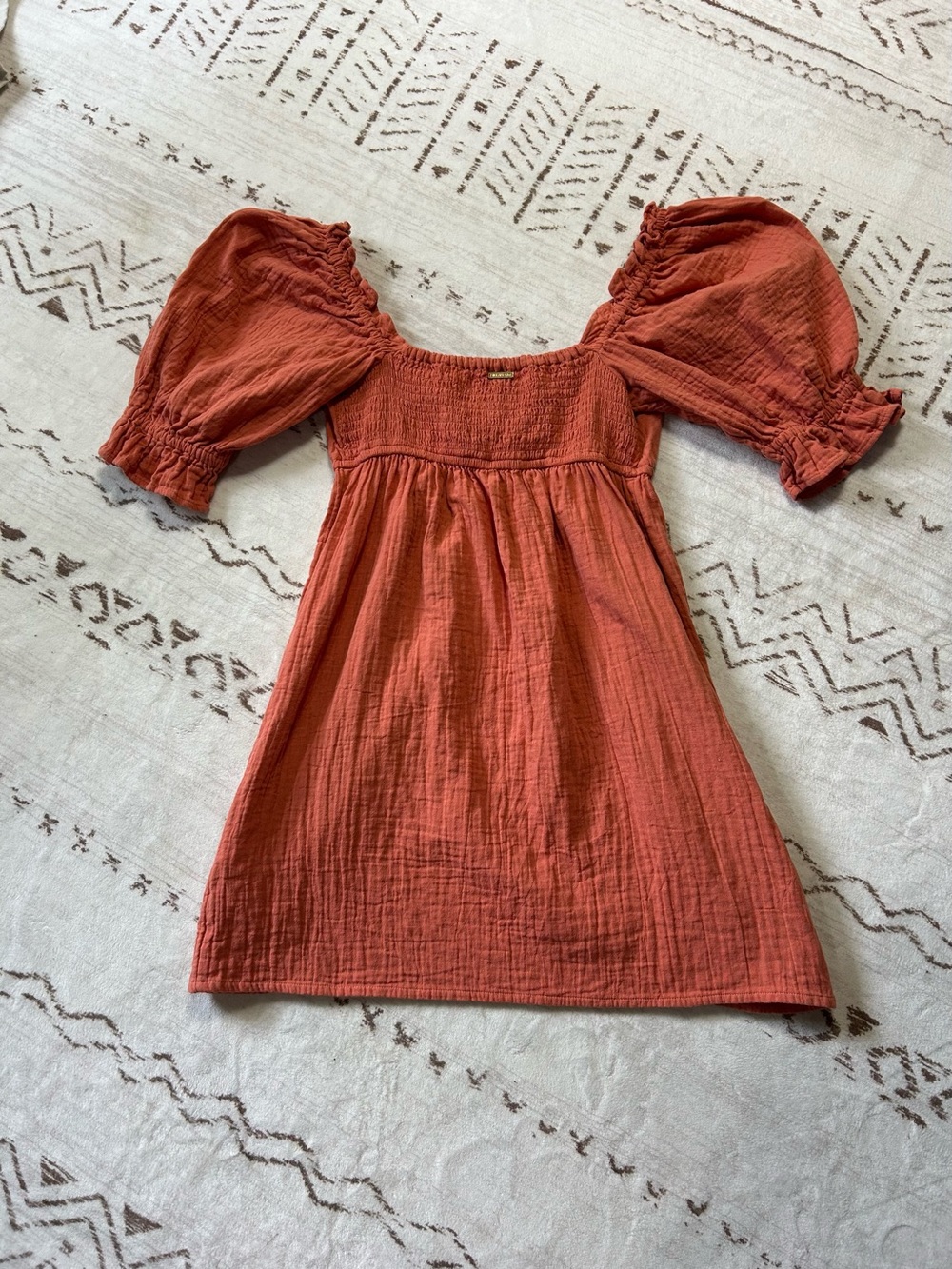 Billabong Rust Cotton Puff Sleeve Babydoll Mini Dress Small Boho Cottagecore - Picture 3 of 7
